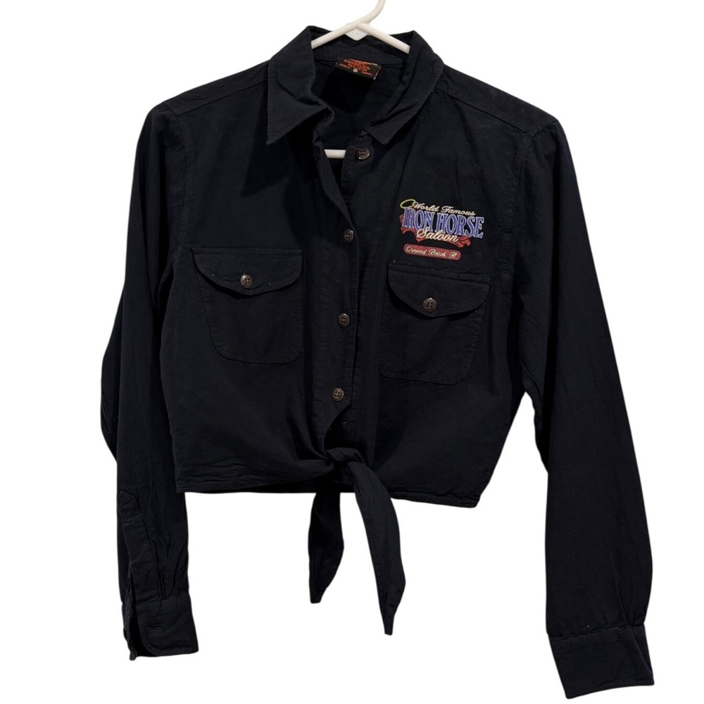 Iron Horse Saloon Black Tie Front Cropped Motorcycle Shirt Womens Medium Angel